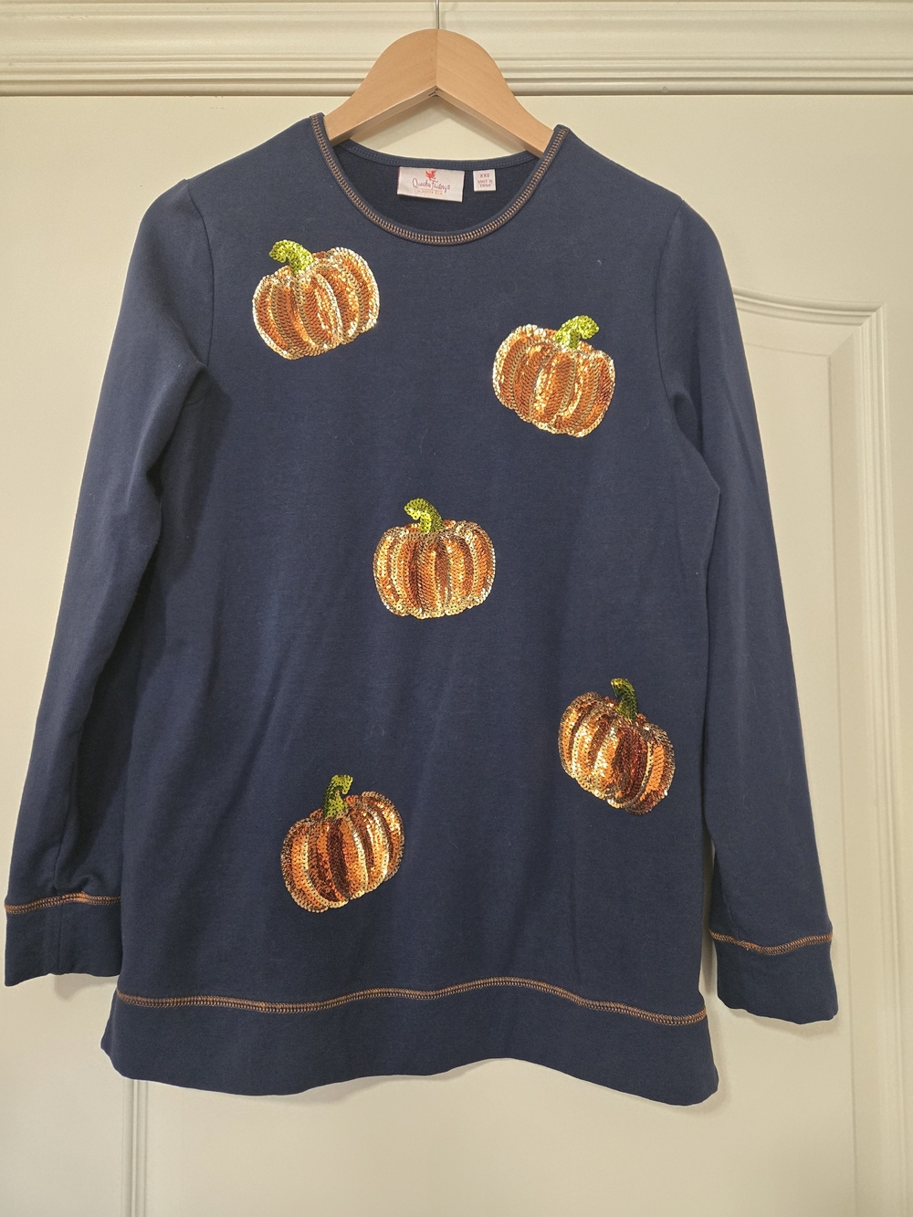 Quacker Factory Navy Long Sleeve Tee with Sequin Pumpkins Festive Fall